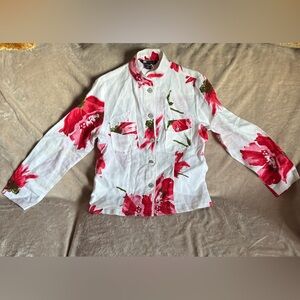 Carole Little Red and White Floral Linen Utility Jacket Medium